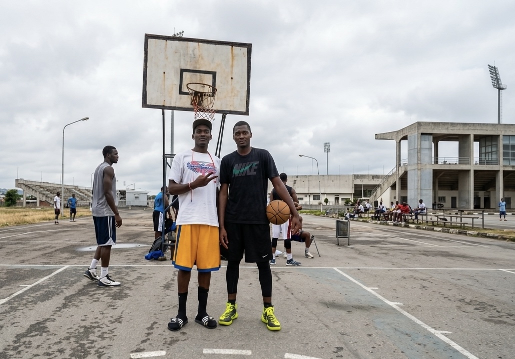 Two young players standing together under a basketball hoop on an outdoor court in Nigeria